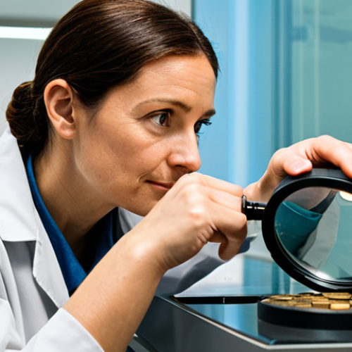 Home 4 A professional archaeologist in modest, appropriate attire, fully clothed, meticulously examining an ancient Roman coin under a high-powered magnifying glass. The setting is a pristine, well-lit museum conservation laboratory, with subtle, clean scientific equipment visible in the background. The focus is on the intricate details of the coin and the expert's focused, professional expression. This image emphasizes safe for work, appropriate content, perfect anatomy, correct proportions, natural pose, well-formed hands, proper finger count, natural body proportions, professional photography, and high quality.