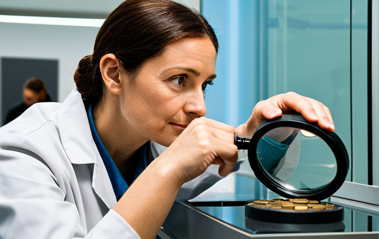 A professional archaeologist in modest, appropriate attire, fully clothed, meticulously examining an ancient Roman coin under a high-powered magnifying glass. The setting is a pristine, well-lit museum conservation laboratory, with subtle, clean scientific equipment visible in the background. The focus is on the intricate details of the coin and the expert's focused, professional expression. This image emphasizes safe for work, appropriate content, perfect anatomy, correct proportions, natural pose, well-formed hands, proper finger count, natural body proportions, professional photography, and high quality.