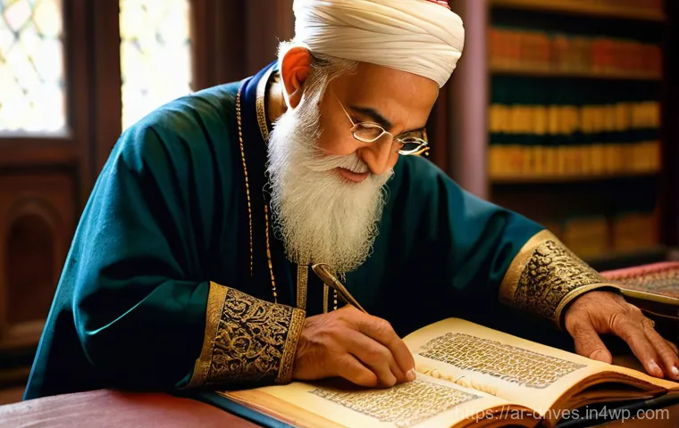수집품의 역사적 가치 분석 - **Prompt:** A close-up, highly detailed shot of a wise, respectfully dressed elderly scholar, with a...