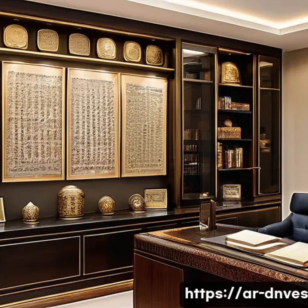 수집품 투자와 자산 분배의 관계 - A sophisticated investor's study room in a modern Middle Eastern home, featuring a balanced portfoli...