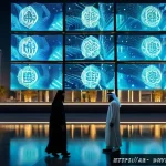 Home 20 디지털 수집품의 투자와 그 미래 - A sophisticated digital art gallery scene set in a modern Middle Eastern city at dusk, featuring div...