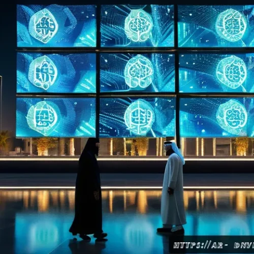 Home 32 디지털 수집품의 투자와 그 미래 - A sophisticated digital art gallery scene set in a modern Middle Eastern city at dusk, featuring div...