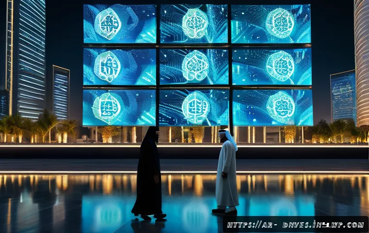 디지털 수집품의 투자와 그 미래 - A sophisticated digital art gallery scene set in a modern Middle Eastern city at dusk, featuring div...