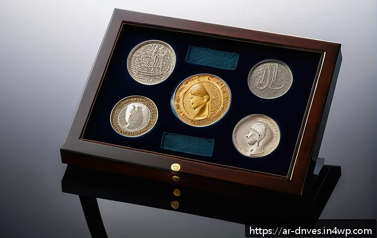 수집품 투자 관련 자원 안내 - A detailed close-up image of an ancient rare coin collection displayed in a humidity-resistant trans...
