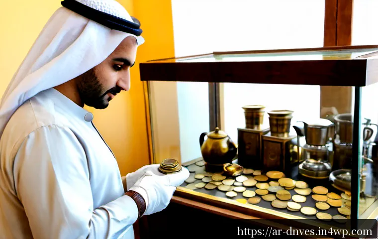 수집품 투자에 대한 FAQ - Photorealistic editorial scene of a Middle Eastern collector in modest smart-casual clothing examini...