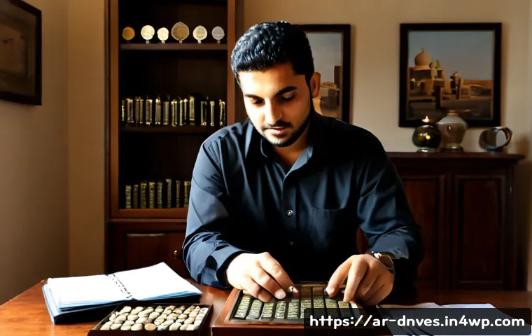 수집품 투자 리스크 관리 방법 - Photorealistic Middle Eastern collector in modest smart-casual clothing reviewing a carefully organi...